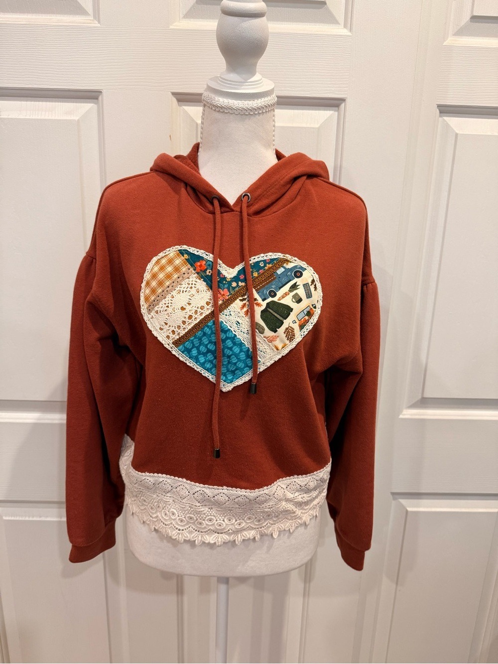 Upcycled Boho Patchwork Heart Crochet Hoodie Rust S OOAK - Picture 6 of 10
